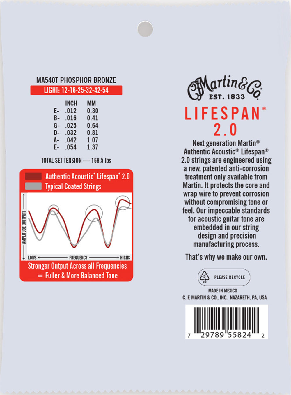 MA540T Authentic Acoustic Lifespan 2.0 Guitar Strings Phosphor Bronze - Light 12-54