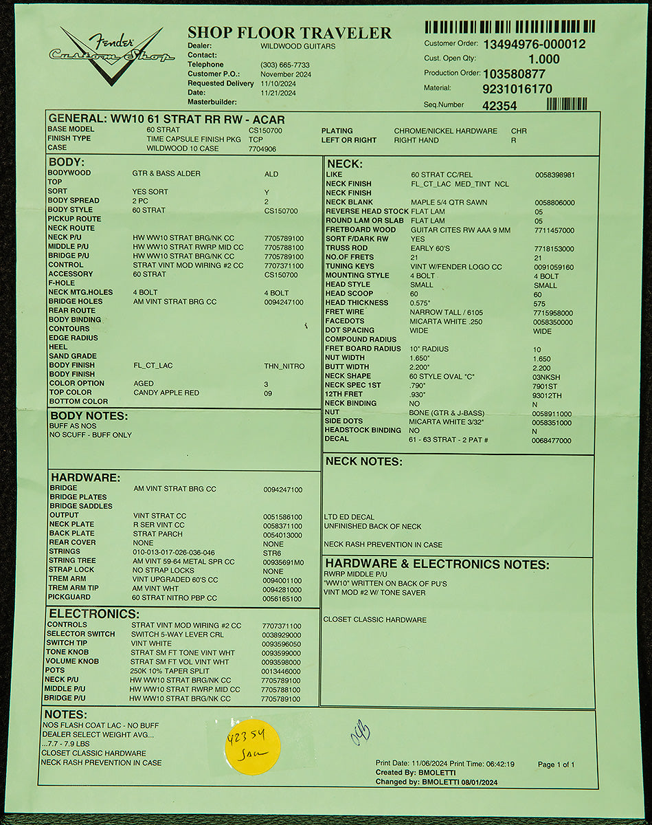 Fender Custom Shop Wildwood 10 Relic-Ready 1961 Stratocaster