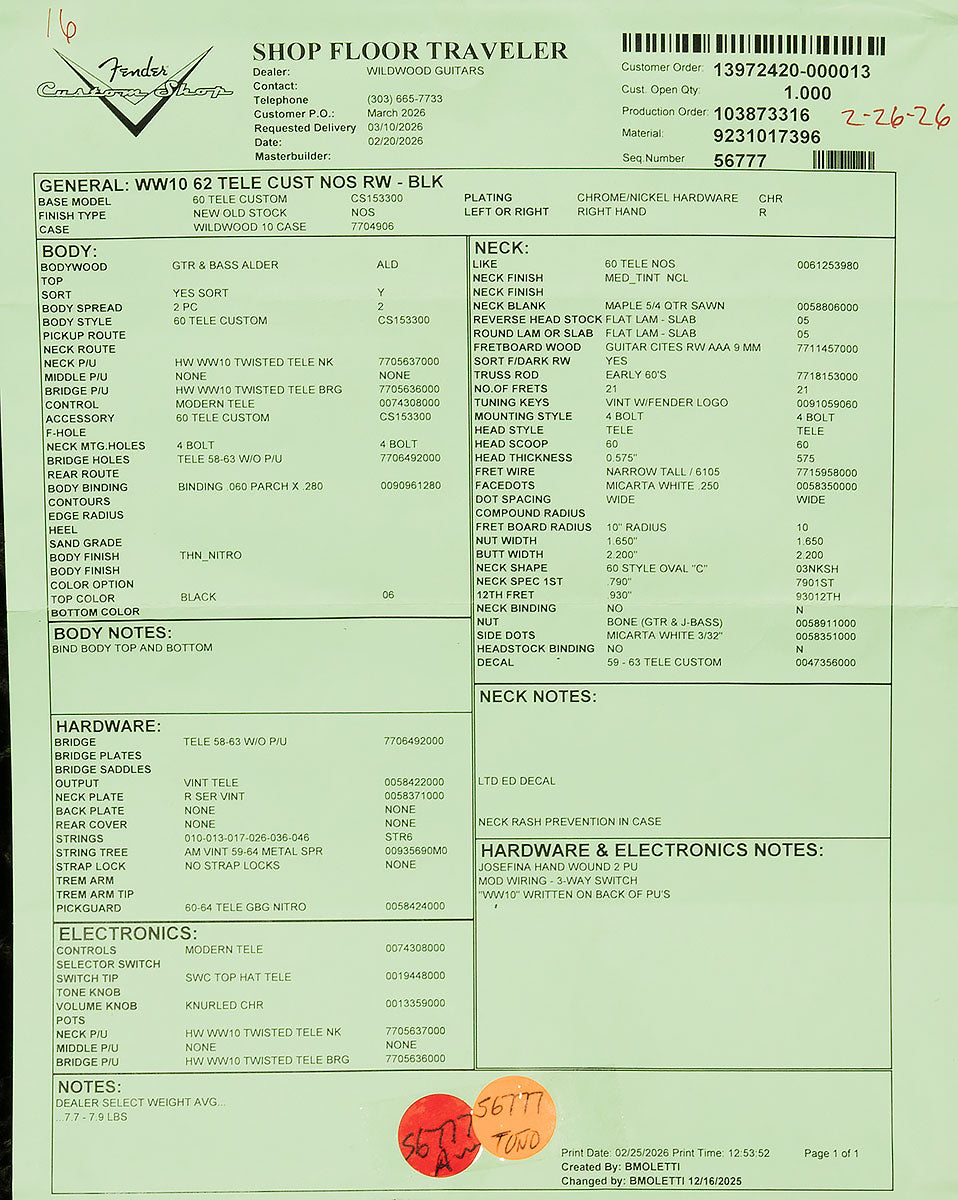 Wildwood 10 1962 Telecaster Custom - NOS