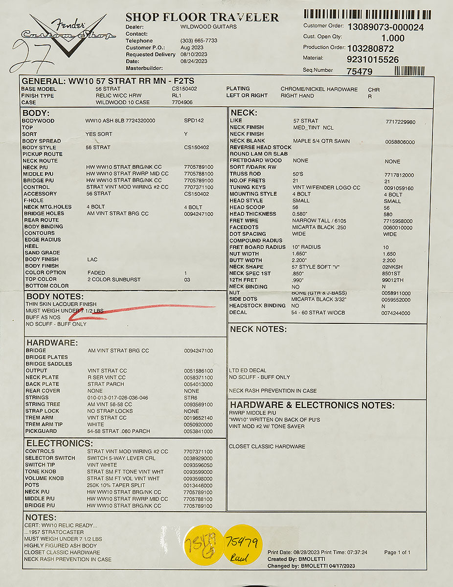 2023 Fender Custom Shop Wildwood 10 Relic-Ready 1957 Stratocaster