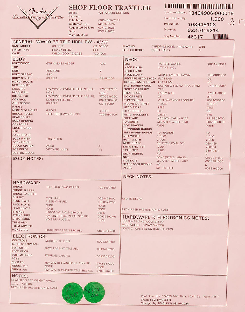 2025 Dealer Select Wildwood 10 '59 Telecaster - Heavy Relic