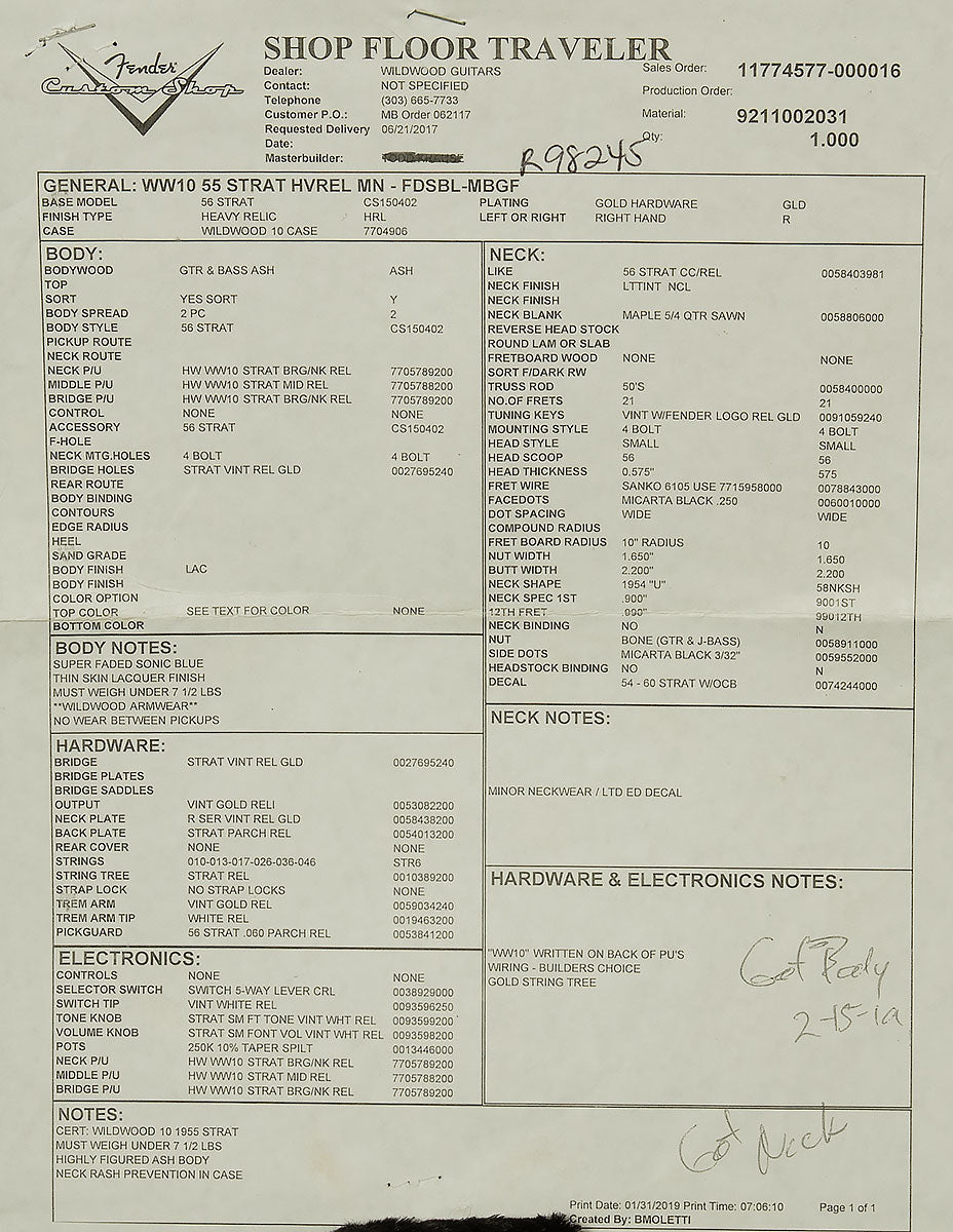 2019 Custom Shop Masterbuilt Wildwood 10 '55 Stratocaster by Greg Fessler - Heavy Relic